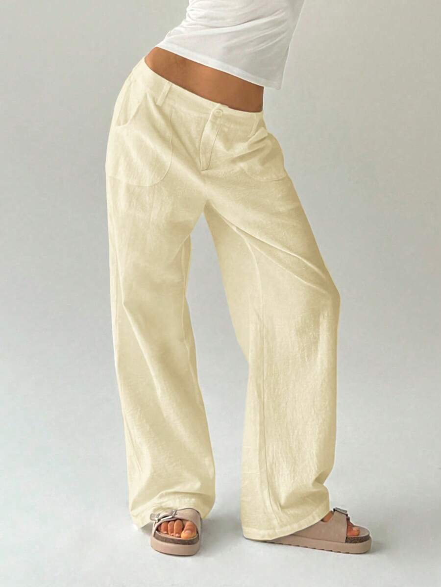 Easelle Women Plain Simple Low Waist Straight Leg Pants,Ladies Spring/Fall Casual Pocket,Zipper Ultra Low Waist Straight Leg Long Black Cotton Loose Women Pants,Casual Daily Wear