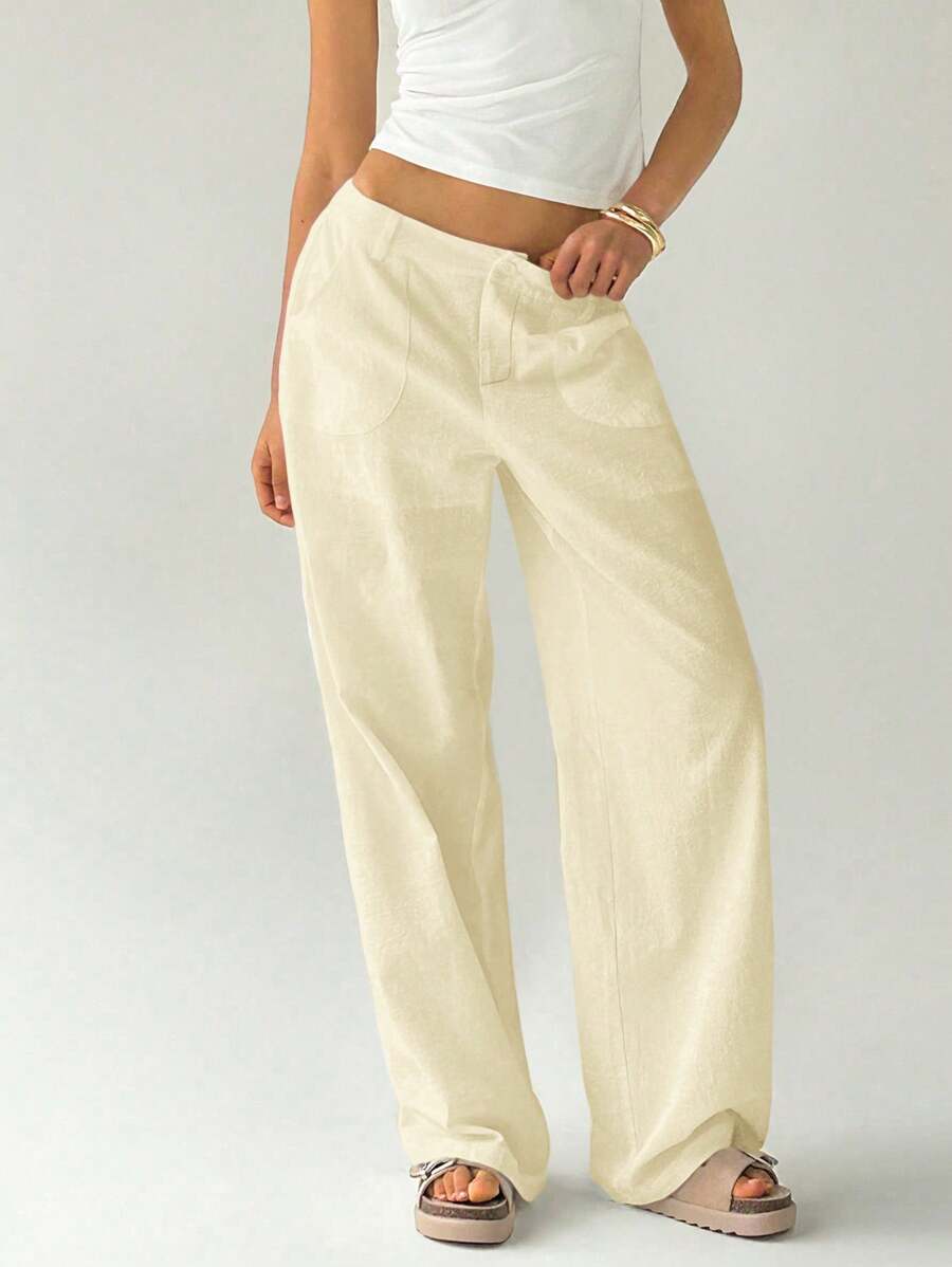 Easelle Women Plain Simple Low Waist Straight Leg Pants,Ladies Spring/Fall Casual Pocket,Zipper Ultra Low Waist Straight Leg Long Black Cotton Loose Women Pants,Casual Daily Wear