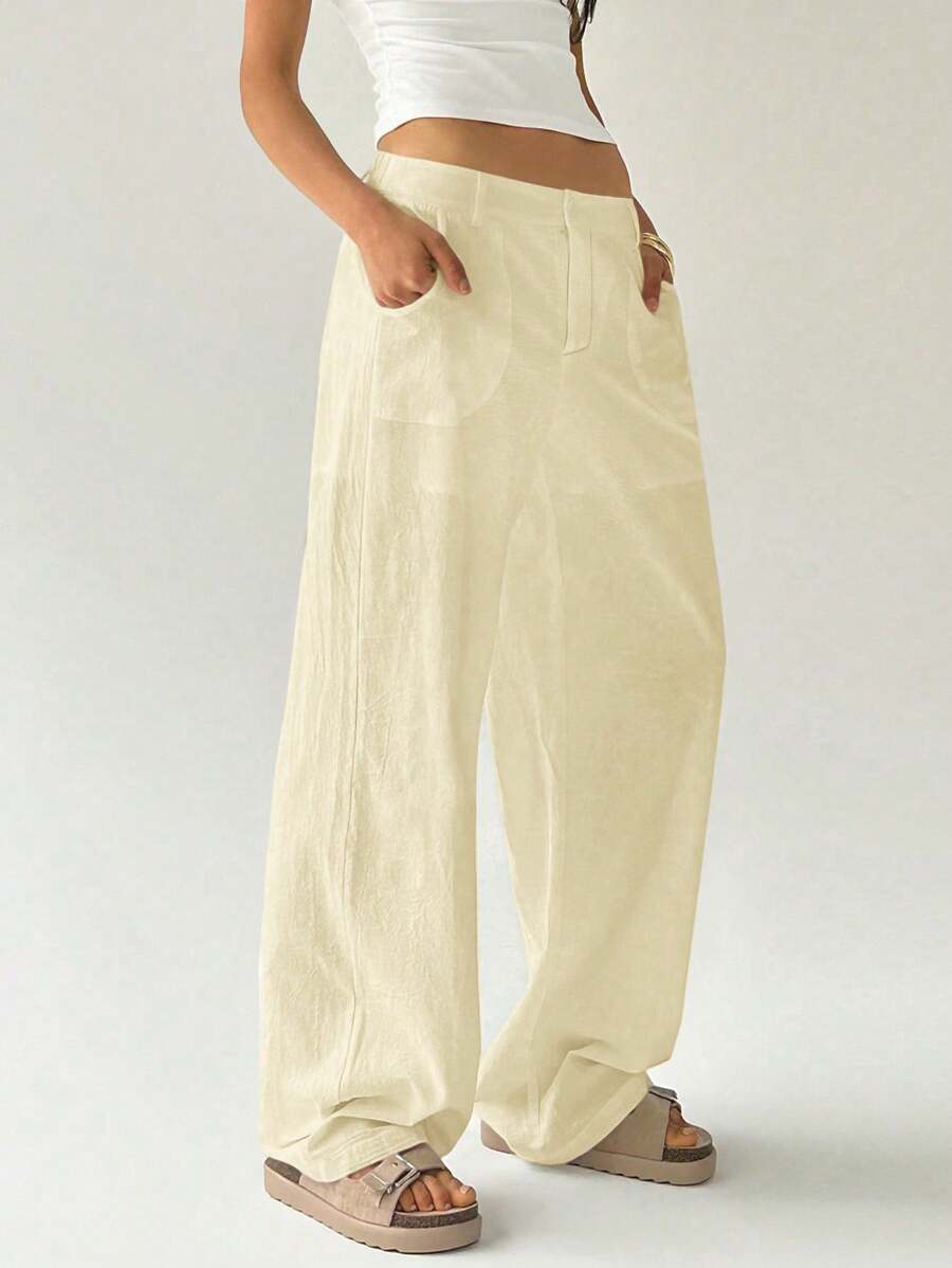 Easelle Women Plain Simple Low Waist Straight Leg Pants,Ladies Spring/Fall Casual Pocket,Zipper Ultra Low Waist Straight Leg Long Black Cotton Loose Women Pants,Casual Daily Wear