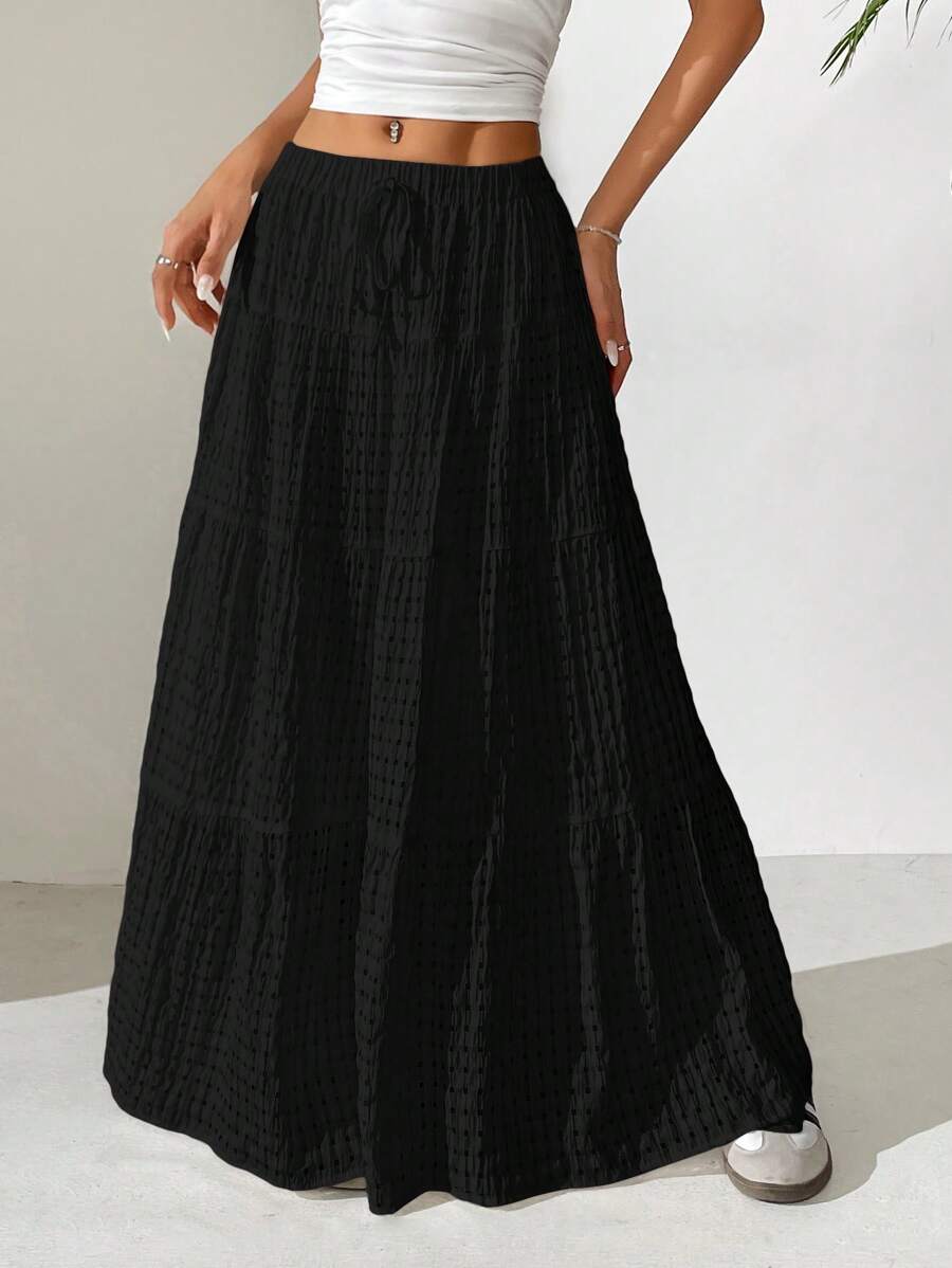 MainGRL Women Solid Color High Waist Tie Ruffled Hem Maxi Skirt