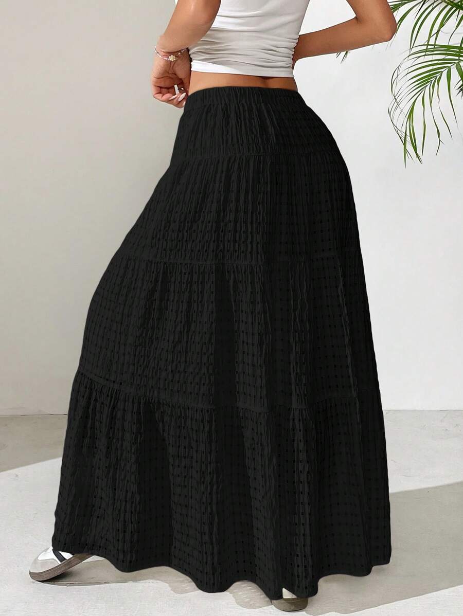 MainGRL Women Solid Color High Waist Tie Ruffled Hem Maxi Skirt