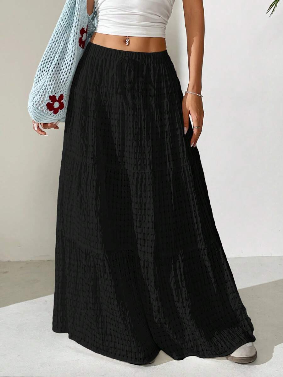 MainGRL Women Solid Color High Waist Tie Ruffled Hem Maxi Skirt