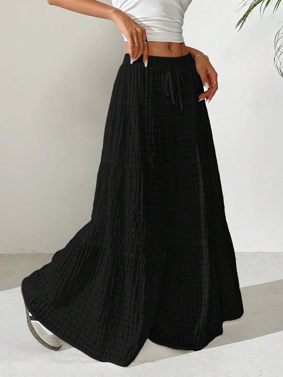 MainGRL Women Solid Color High Waist Tie Ruffled Hem Maxi Skirt