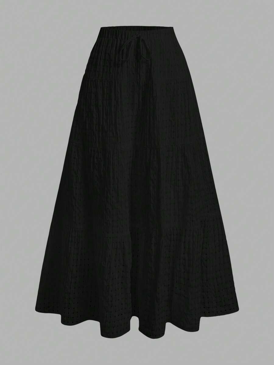 MainGRL Women Solid Color High Waist Tie Ruffled Hem Maxi Skirt