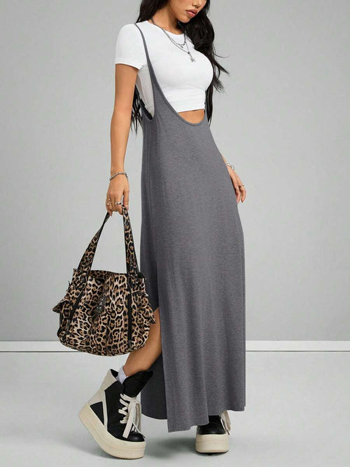 Coolane Women's Spring And Summer Vintage Going Out Date Night Sportswear Athleisure Basic Grey Midi Dress