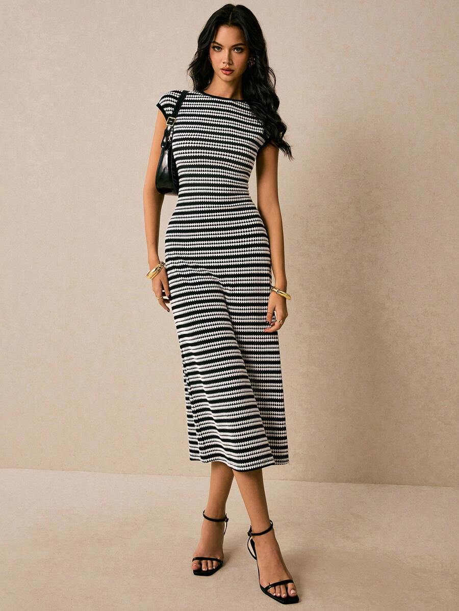 Women's Striped Round Neck Cap Sleeve Casual Dress, Striped Dress For Women, Brown Striped Dress,Casual Dresses For Women