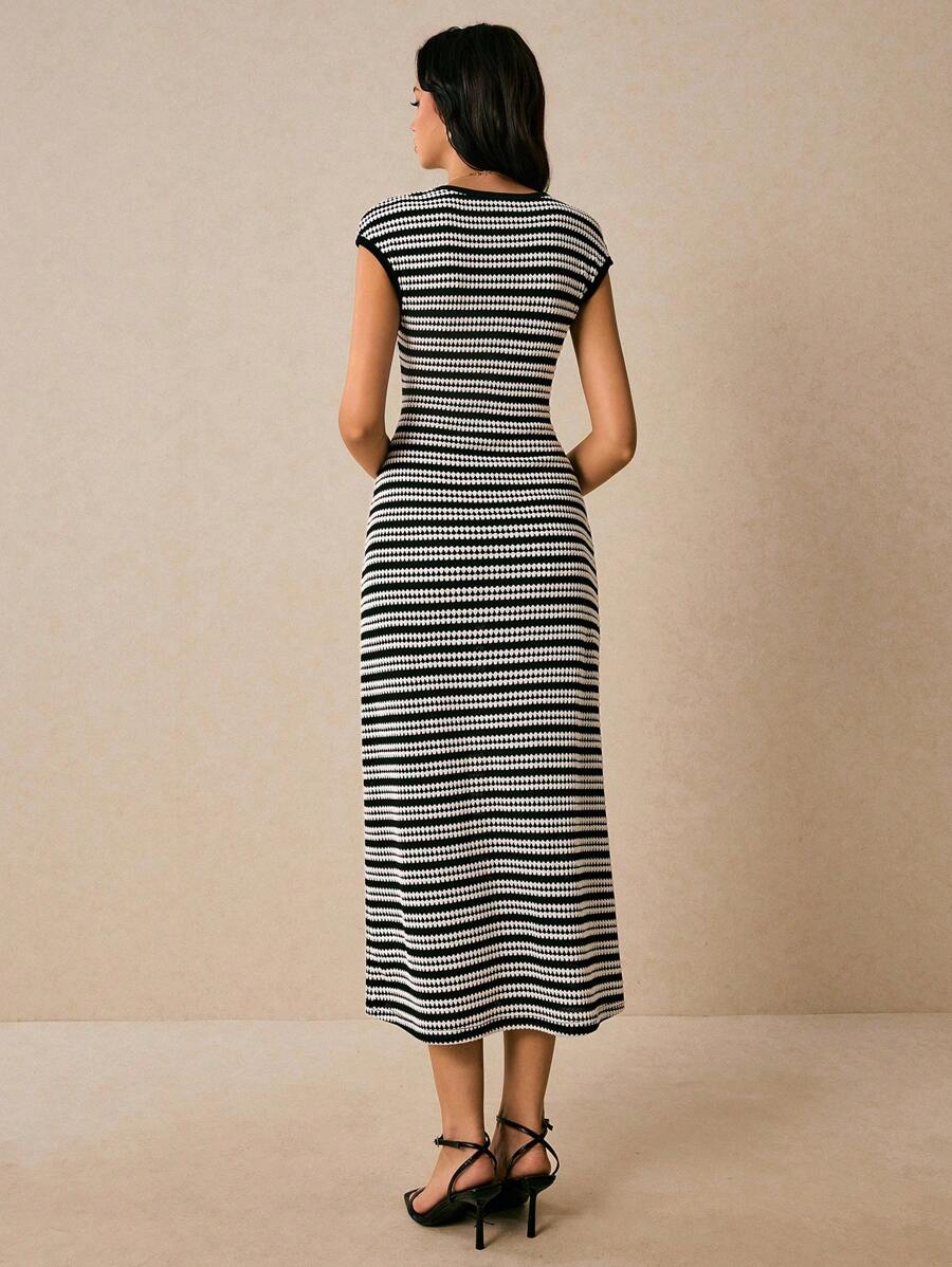 Women's Striped Round Neck Cap Sleeve Casual Dress, Striped Dress For Women, Brown Striped Dress,Casual Dresses For Women
