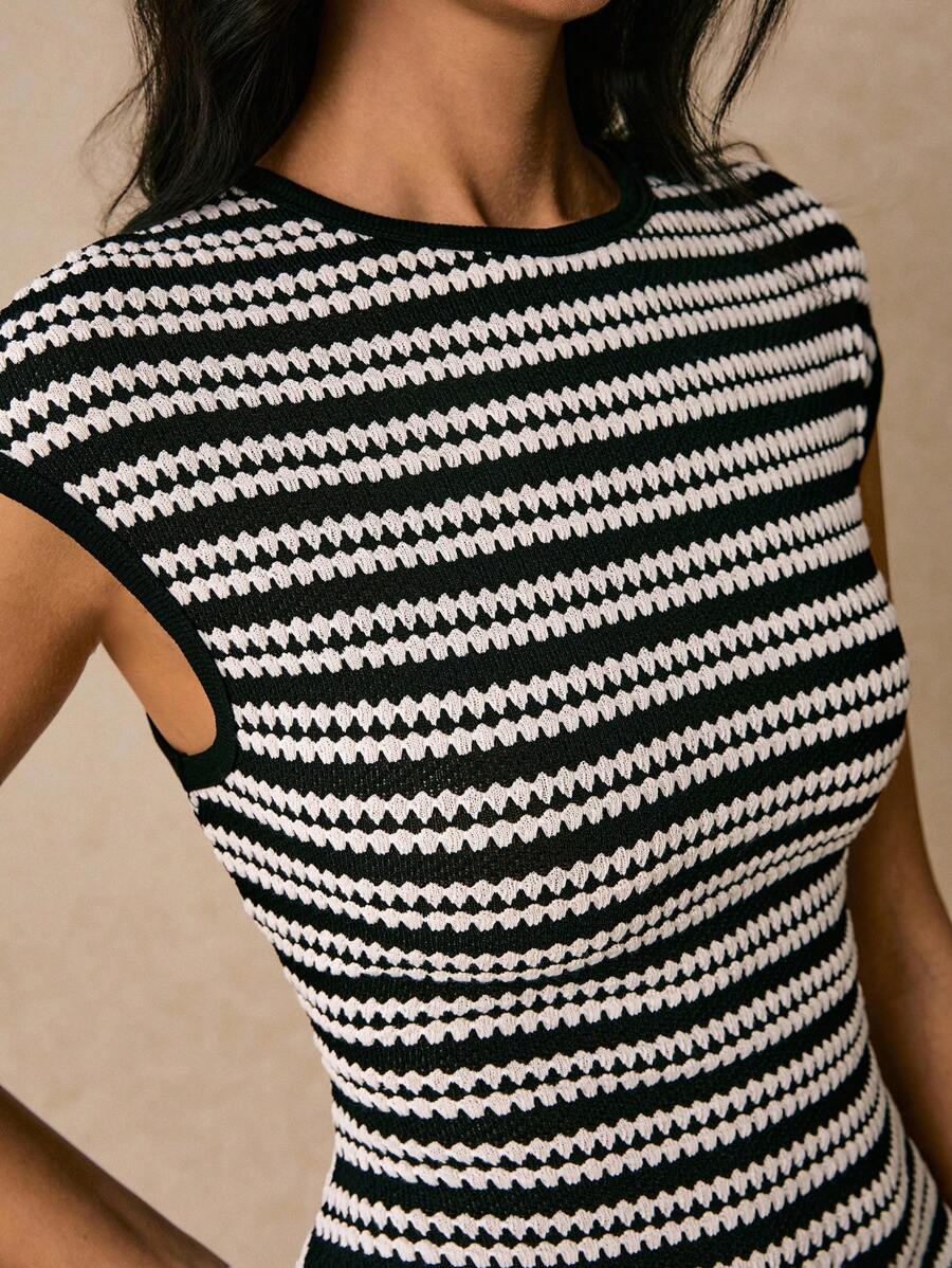 Women's Striped Round Neck Cap Sleeve Casual Dress, Striped Dress For Women, Brown Striped Dress,Casual Dresses For Women