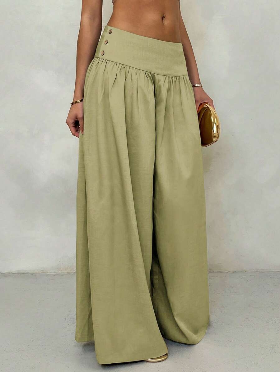 Glamine Vintage Low-Waist Wide Leg Pants, Draped Casual Women's Trousers Brown Pants Brown Wide Leg Pants Wide Pants Skirt Pants