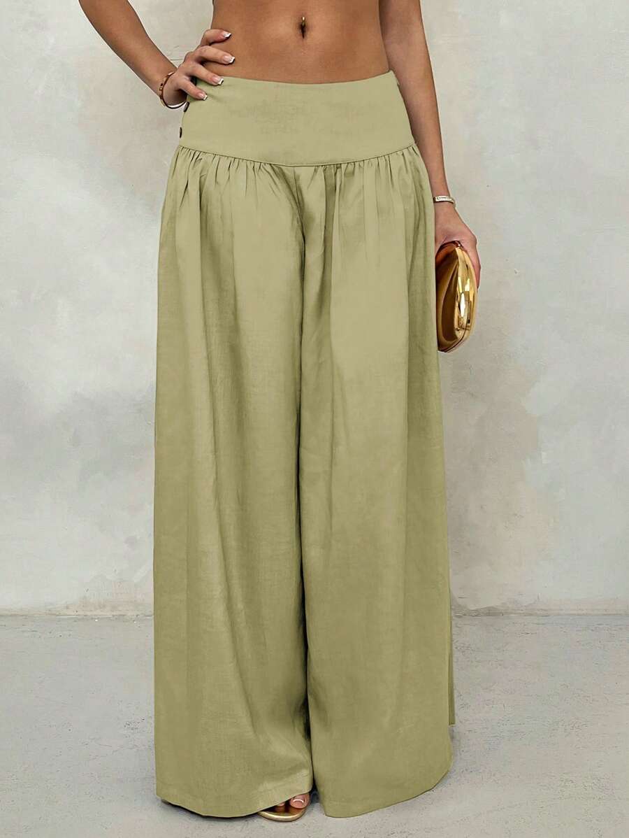 Glamine Vintage Low-Waist Wide Leg Pants, Draped Casual Women's Trousers Brown Pants Brown Wide Leg Pants Wide Pants Skirt Pants