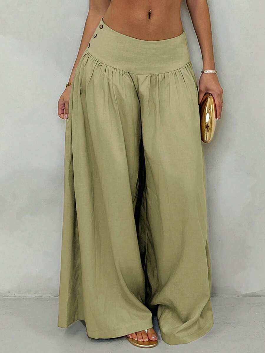 Glamine Vintage Low-Waist Wide Leg Pants, Draped Casual Women's Trousers Brown Pants Brown Wide Leg Pants Wide Pants Skirt Pants