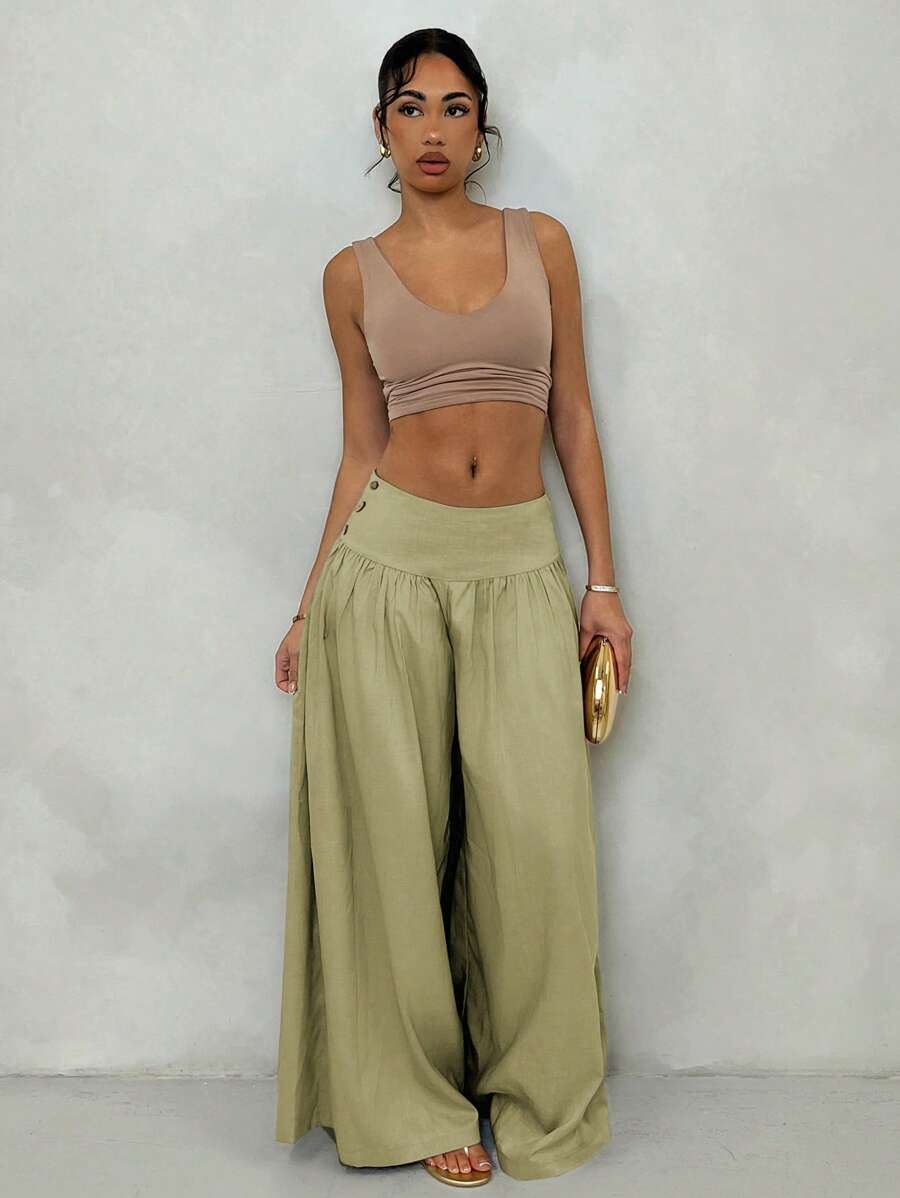Glamine Vintage Low-Waist Wide Leg Pants, Draped Casual Women's Trousers Brown Pants Brown Wide Leg Pants Wide Pants Skirt Pants