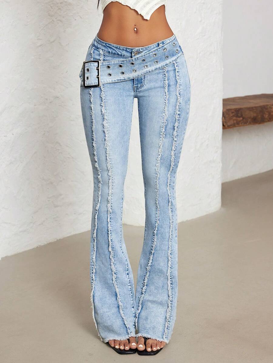 Jeanoix Women's Low Waist Flare Leg Jeans With Sun-Shaped Buckle And Eyelets, Black Denim Pants