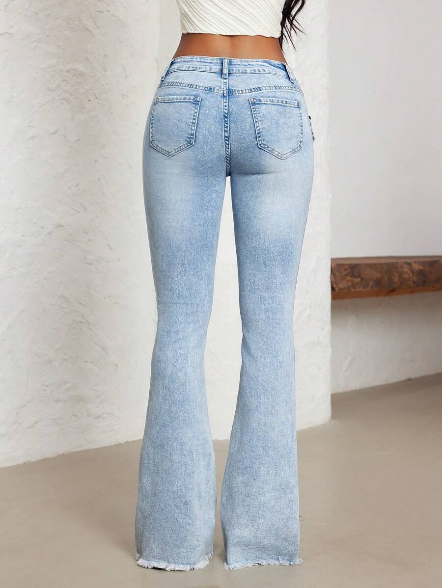 Jeanoix Women's Low Waist Flare Leg Jeans With Sun-Shaped Buckle And Eyelets, Black Denim Pants