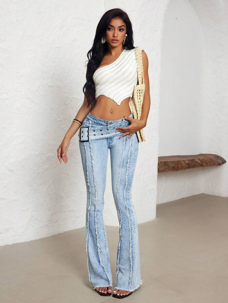 Jeanoix Women's Low Waist Flare Leg Jeans With Sun-Shaped Buckle And Eyelets, Black Denim Pants