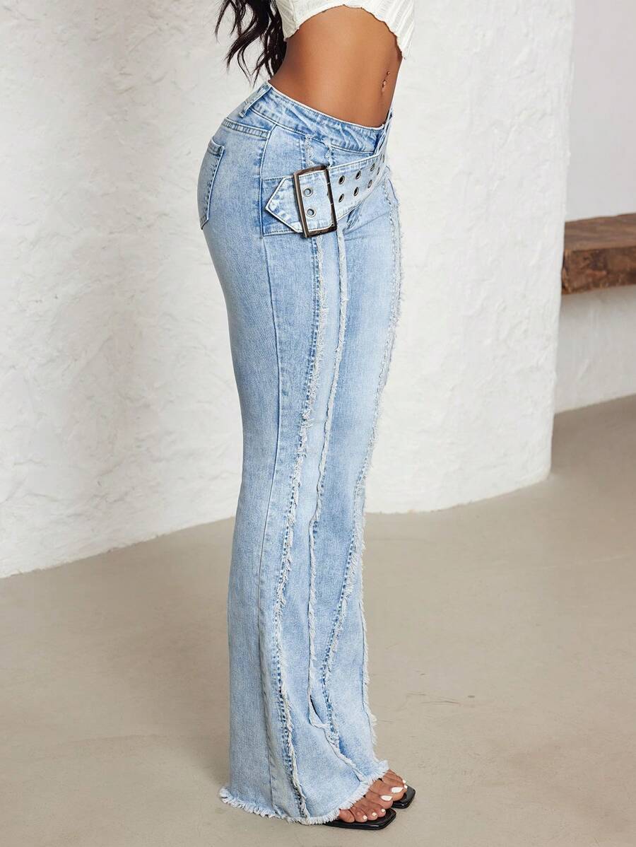 Jeanoix Women's Low Waist Flare Leg Jeans With Sun-Shaped Buckle And Eyelets, Black Denim Pants