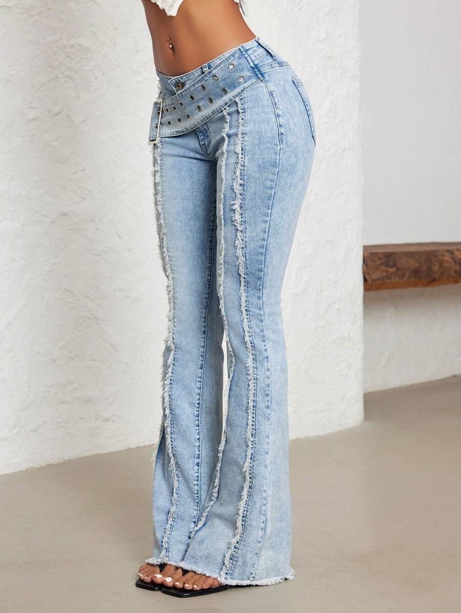 Jeanoix Women's Low Waist Flare Leg Jeans With Sun-Shaped Buckle And Eyelets, Black Denim Pants