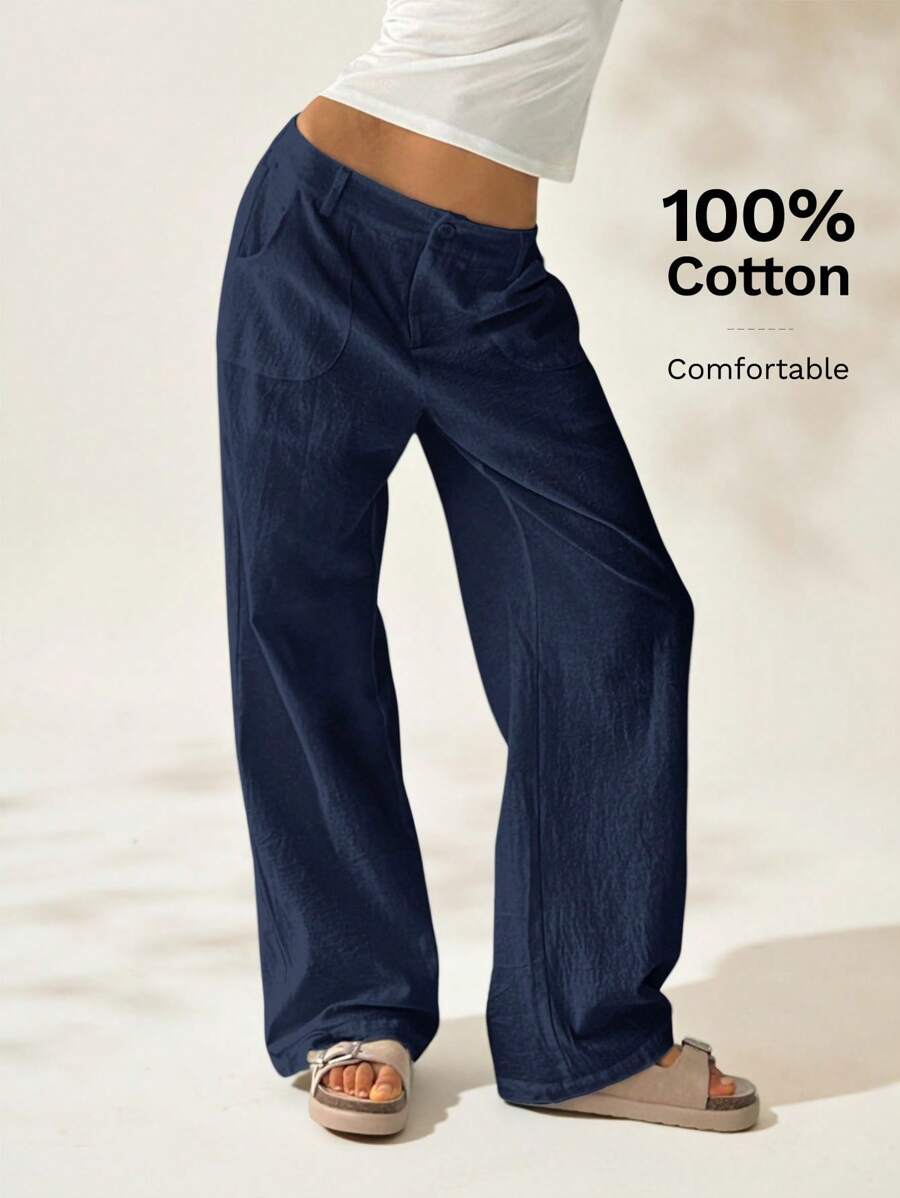 Easelle Women Plain Simple Low Waist Straight Leg Pants,Ladies Spring/Fall Casual Pocket,Zipper Ultra Low Waist Straight Leg Long Black Cotton Loose Women Pants,Casual Daily Wear
