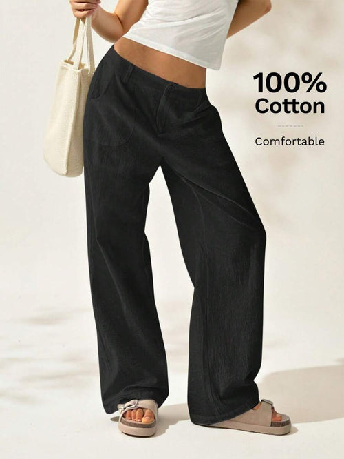 Easelle Women Plain Simple Low Waist Straight Leg Pants,Ladies Spring/Fall Casual Pocket,Zipper Ultra Low Waist Straight Leg Long Black Cotton Loose Women Pants,Casual Daily Wear