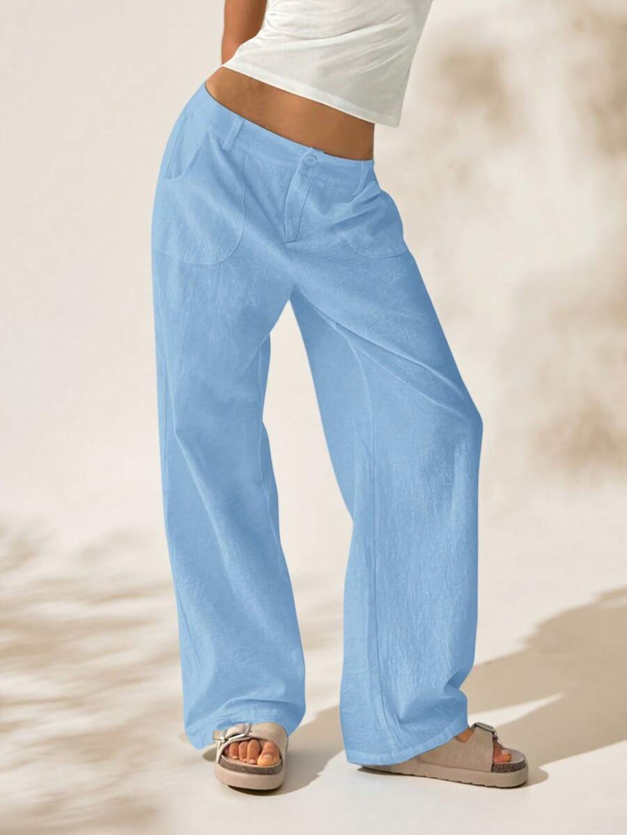 Easelle Women Plain Simple Low Waist Straight Leg Pants,Ladies Spring/Fall Casual Pocket,Zipper Ultra Low Waist Straight Leg Long Black Cotton Loose Women Pants,Casual Daily Wear