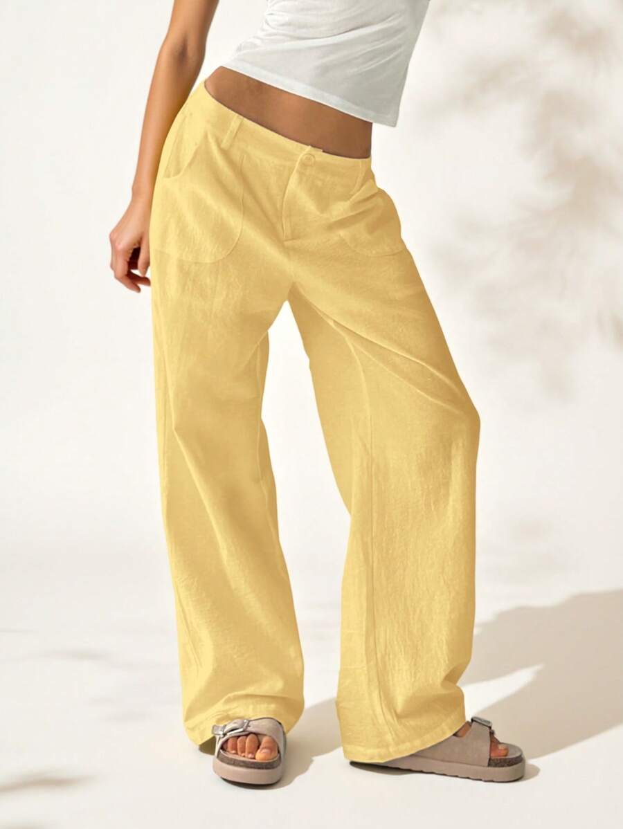 Easelle Women Plain Simple Low Waist Straight Leg Pants,Ladies Spring/Fall Casual Pocket,Zipper Ultra Low Waist Straight Leg Long Black Cotton Loose Women Pants,Casual Daily Wear