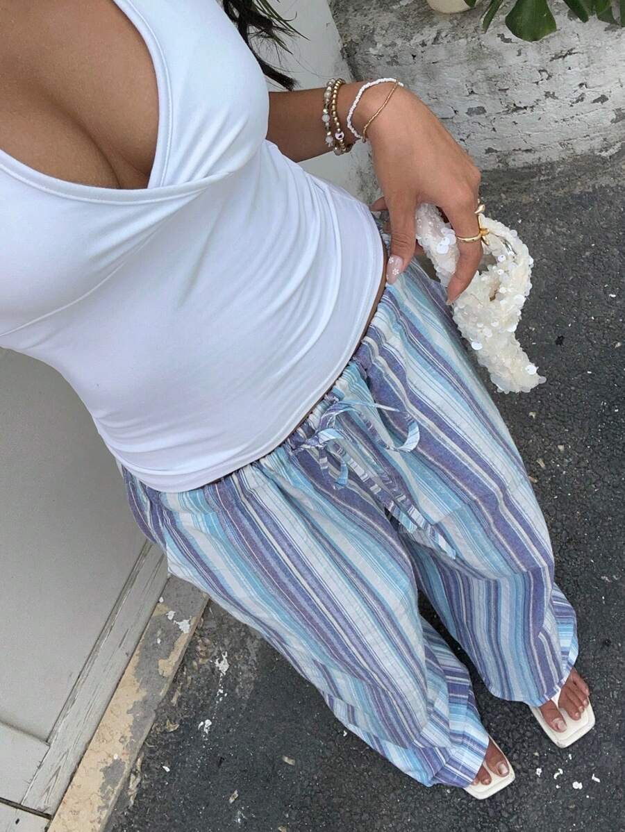 SHEIN EZwear New Women's Blue Striped Cotton And Linen Woven Drawstring Waist Casual Pants Suitable For Seaside Vacation Summer