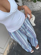 SHEIN EZwear New Women's Blue Striped Cotton And Linen Woven Drawstring Waist Casual Pants Suitable For Seaside Vacation Summer