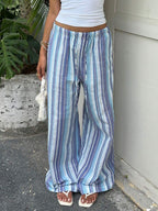 SHEIN EZwear New Women's Blue Striped Cotton And Linen Woven Drawstring Waist Casual Pants Suitable For Seaside Vacation Summer