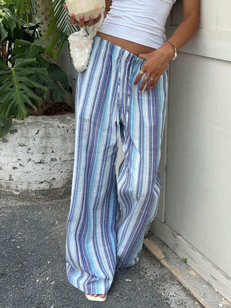 SHEIN EZwear New Women's Blue Striped Cotton And Linen Woven Drawstring Waist Casual Pants Suitable For Seaside Vacation Summer
