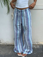 SHEIN EZwear New Women's Blue Striped Cotton And Linen Woven Drawstring Waist Casual Pants Suitable For Seaside Vacation Summer