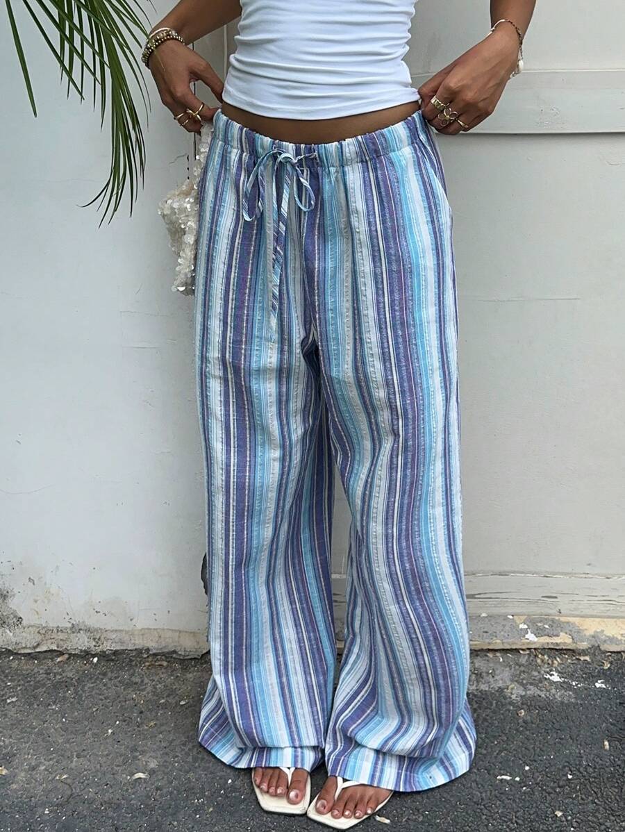 SHEIN EZwear New Women's Blue Striped Cotton And Linen Woven Drawstring Waist Casual Pants Suitable For Seaside Vacation Summer