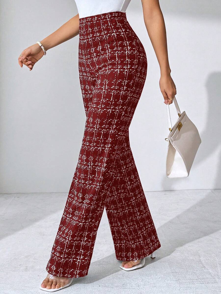 SHEIN Clasi Summer Elegant Women's Plaid Printed Elastic Knitted Pants, Suitable For Various Occasions, Suitable For Summer Vacation, Elegant Travel, And Daily Commuting Business Casual Woman