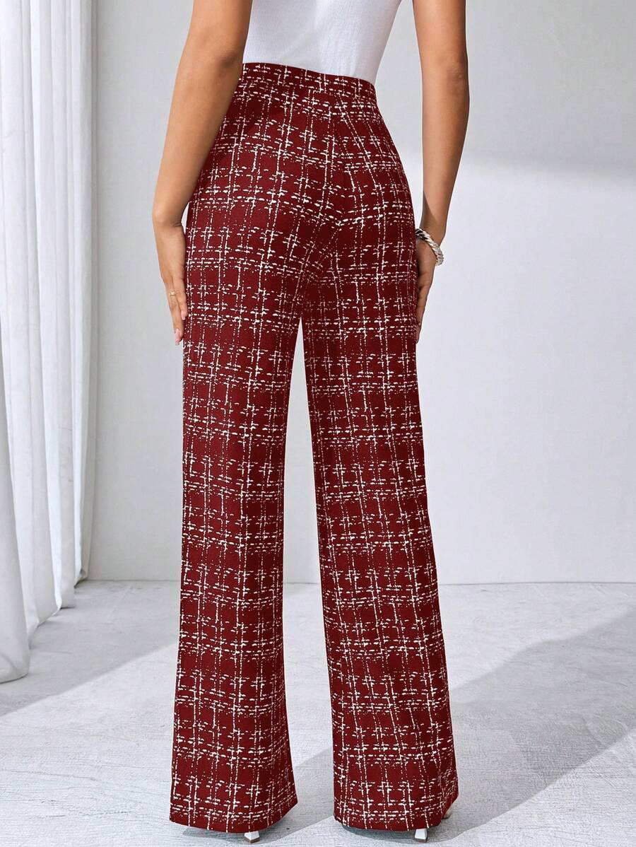 SHEIN Clasi Summer Elegant Women's Plaid Printed Elastic Knitted Pants, Suitable For Various Occasions, Suitable For Summer Vacation, Elegant Travel, And Daily Commuting Business Casual Woman