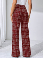 SHEIN Clasi Summer Elegant Women's Plaid Printed Elastic Knitted Pants, Suitable For Various Occasions, Suitable For Summer Vacation, Elegant Travel, And Daily Commuting Business Casual Woman