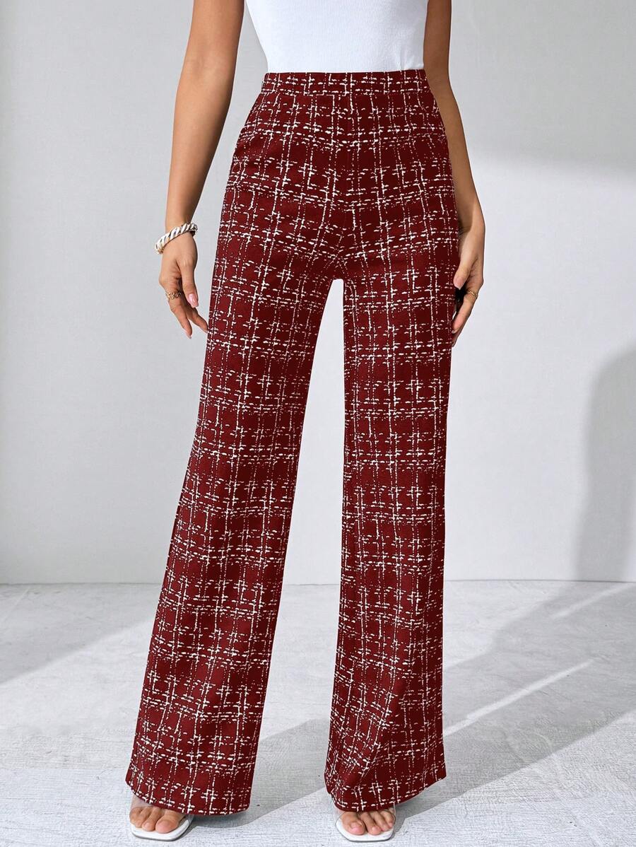 SHEIN Clasi Summer Elegant Women's Plaid Printed Elastic Knitted Pants, Suitable For Various Occasions, Suitable For Summer Vacation, Elegant Travel, And Daily Commuting Business Casual Woman