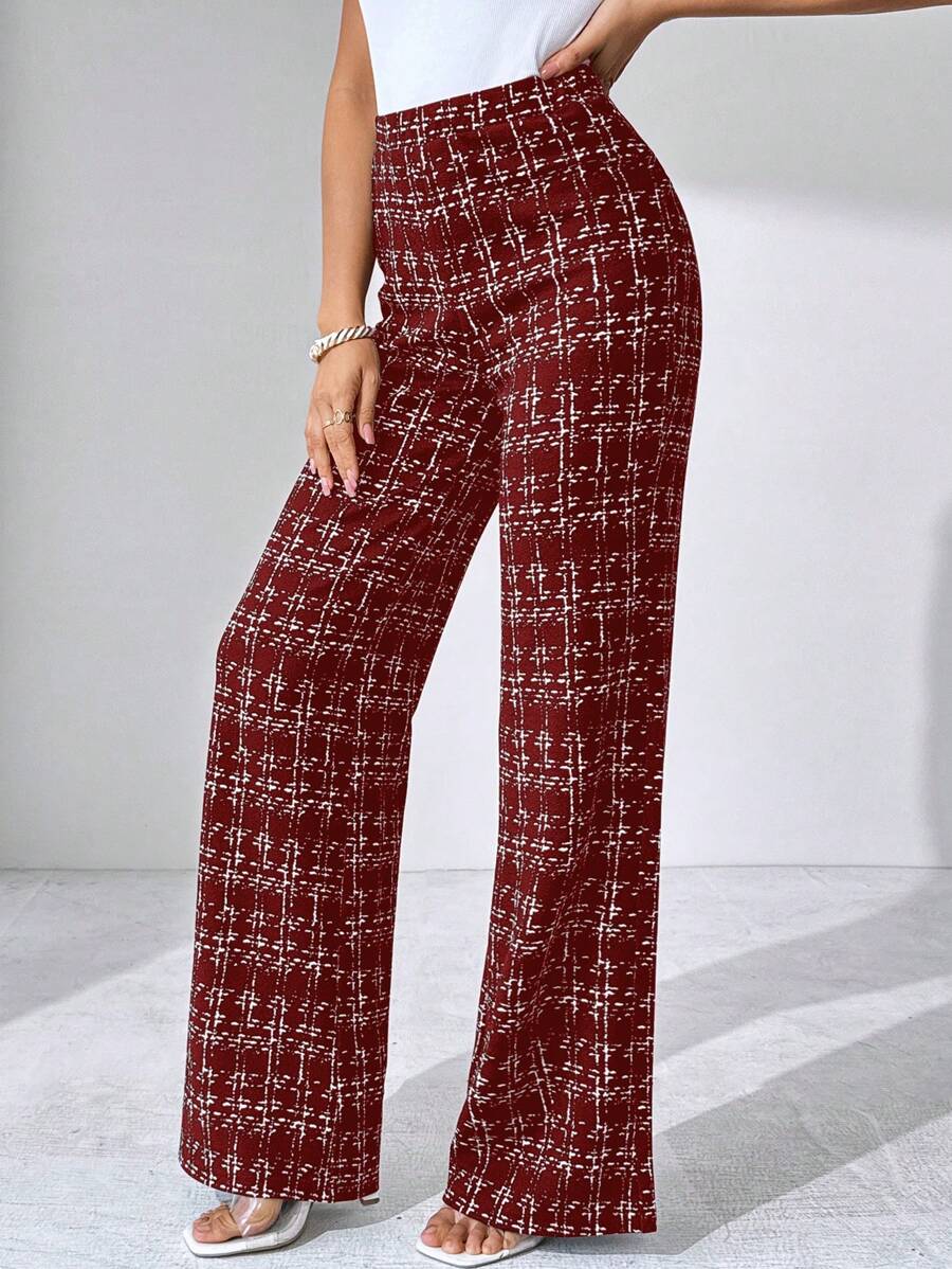 SHEIN Clasi Summer Elegant Women's Plaid Printed Elastic Knitted Pants, Suitable For Various Occasions, Suitable For Summer Vacation, Elegant Travel, And Daily Commuting Business Casual Woman