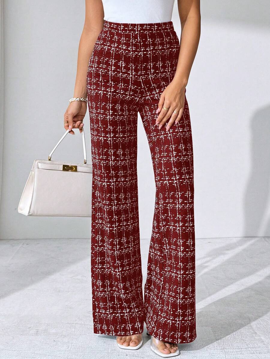 SHEIN Clasi Summer Elegant Women's Plaid Printed Elastic Knitted Pants, Suitable For Various Occasions, Suitable For Summer Vacation, Elegant Travel, And Daily Commuting Business Casual Woman