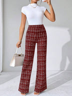 SHEIN Clasi Summer Elegant Women's Plaid Printed Elastic Knitted Pants, Suitable For Various Occasions, Suitable For Summer Vacation, Elegant Travel, And Daily Commuting Business Casual Woman