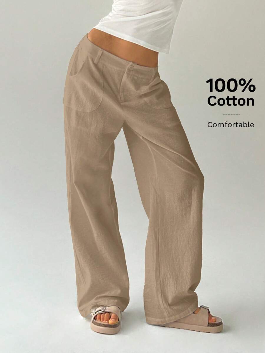 Easelle Women Plain Simple Low Waist Straight Leg Pants,Ladies Spring/Fall Casual Pocket,Zipper Ultra Low Waist Straight Leg Long Black Cotton Loose Women Pants,Casual Daily Wear