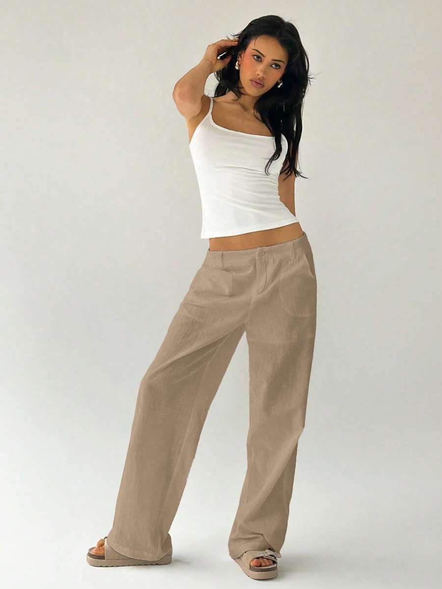 Easelle Women Plain Simple Low Waist Straight Leg Pants,Ladies Spring/Fall Casual Pocket,Zipper Ultra Low Waist Straight Leg Long Black Cotton Loose Women Pants,Casual Daily Wear