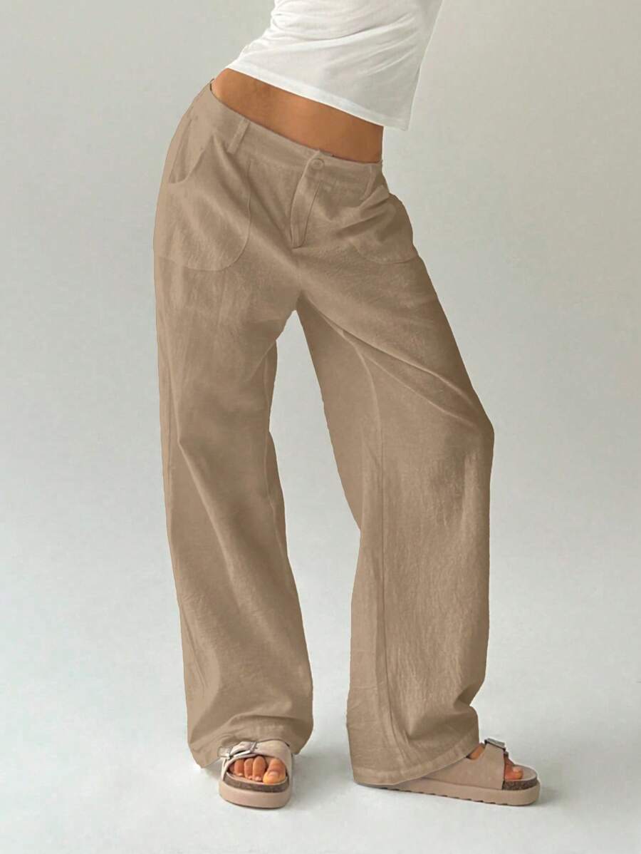 Easelle Women Plain Simple Low Waist Straight Leg Pants,Ladies Spring/Fall Casual Pocket,Zipper Ultra Low Waist Straight Leg Long Black Cotton Loose Women Pants,Casual Daily Wear
