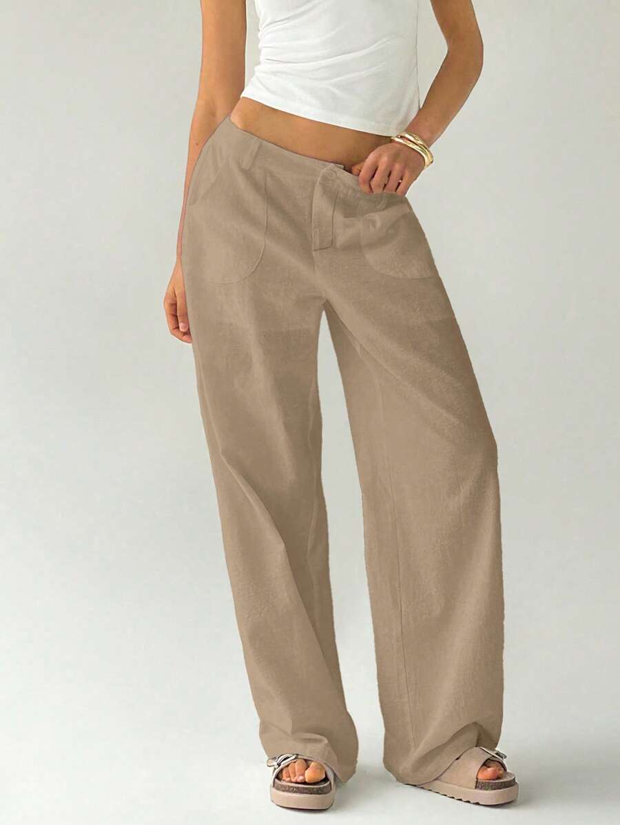 Easelle Women Plain Simple Low Waist Straight Leg Pants,Ladies Spring/Fall Casual Pocket,Zipper Ultra Low Waist Straight Leg Long Black Cotton Loose Women Pants,Casual Daily Wear