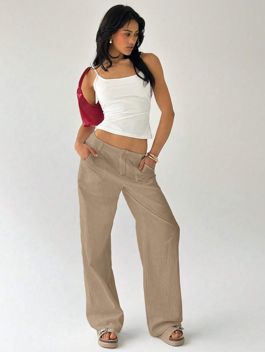 Easelle Women Plain Simple Low Waist Straight Leg Pants,Ladies Spring/Fall Casual Pocket,Zipper Ultra Low Waist Straight Leg Long Black Cotton Loose Women Pants,Casual Daily Wear