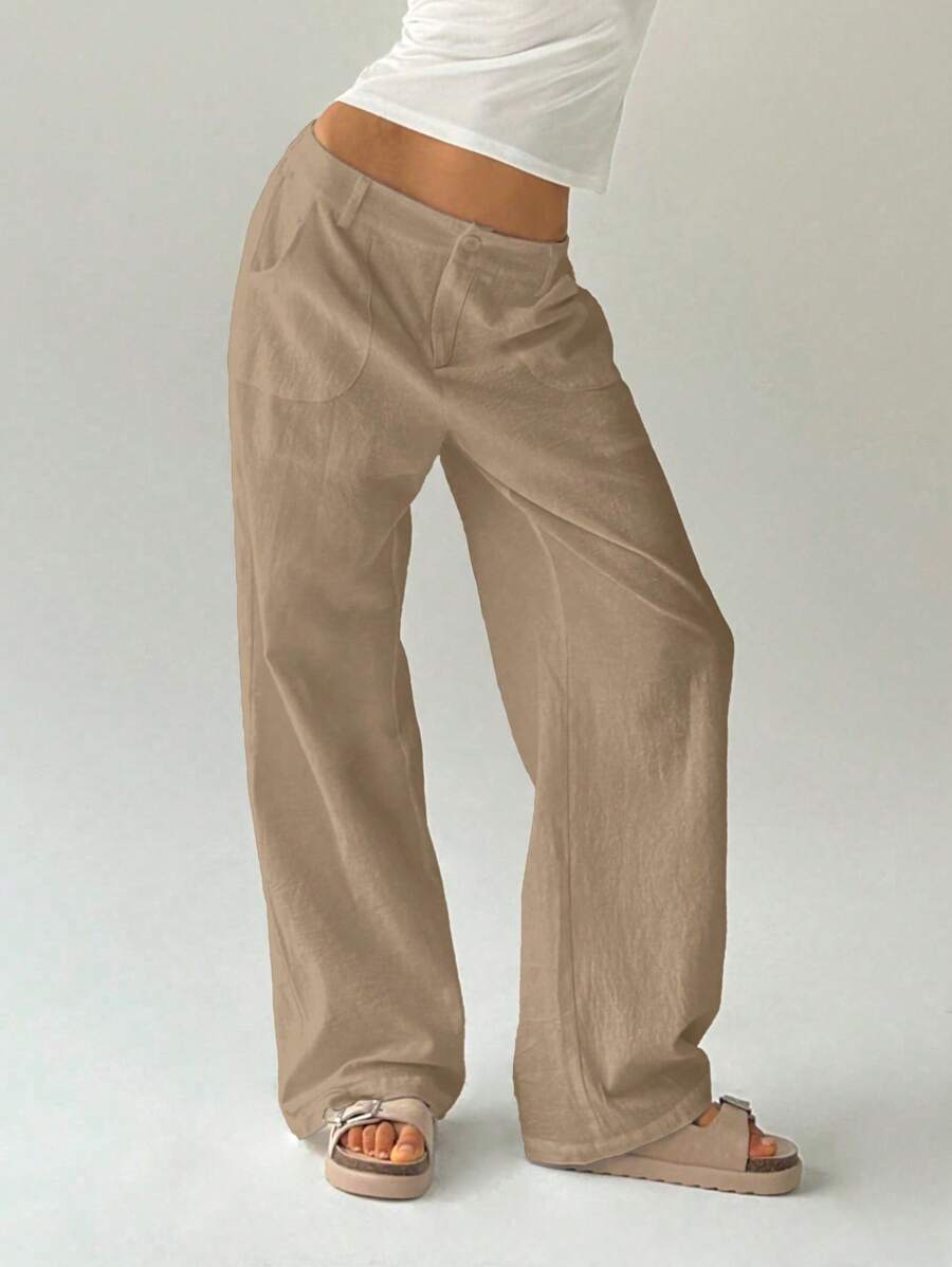 Easelle Women Plain Simple Low Waist Straight Leg Pants,Ladies Spring/Fall Casual Pocket,Zipper Ultra Low Waist Straight Leg Long Black Cotton Loose Women Pants,Casual Daily Wear