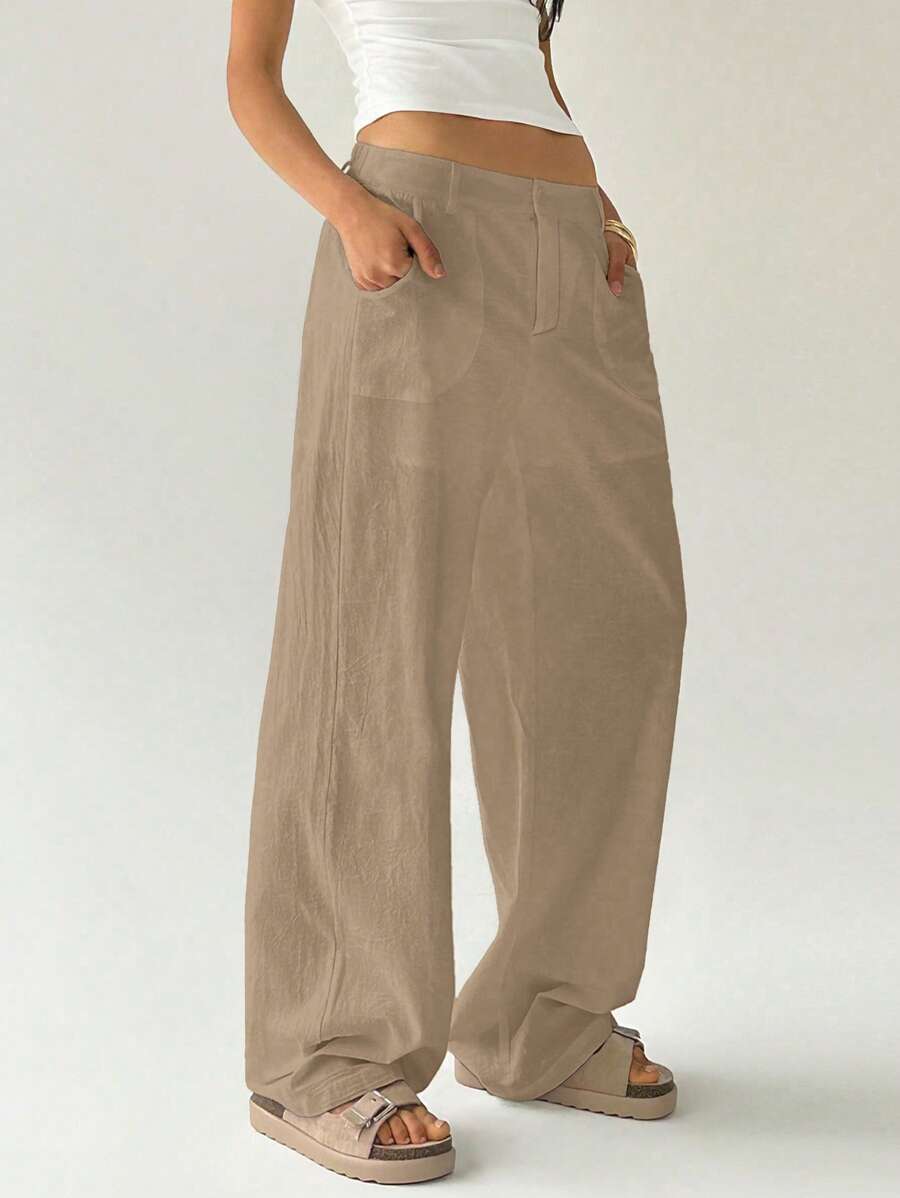 Easelle Women Plain Simple Low Waist Straight Leg Pants,Ladies Spring/Fall Casual Pocket,Zipper Ultra Low Waist Straight Leg Long Black Cotton Loose Women Pants,Casual Daily Wear