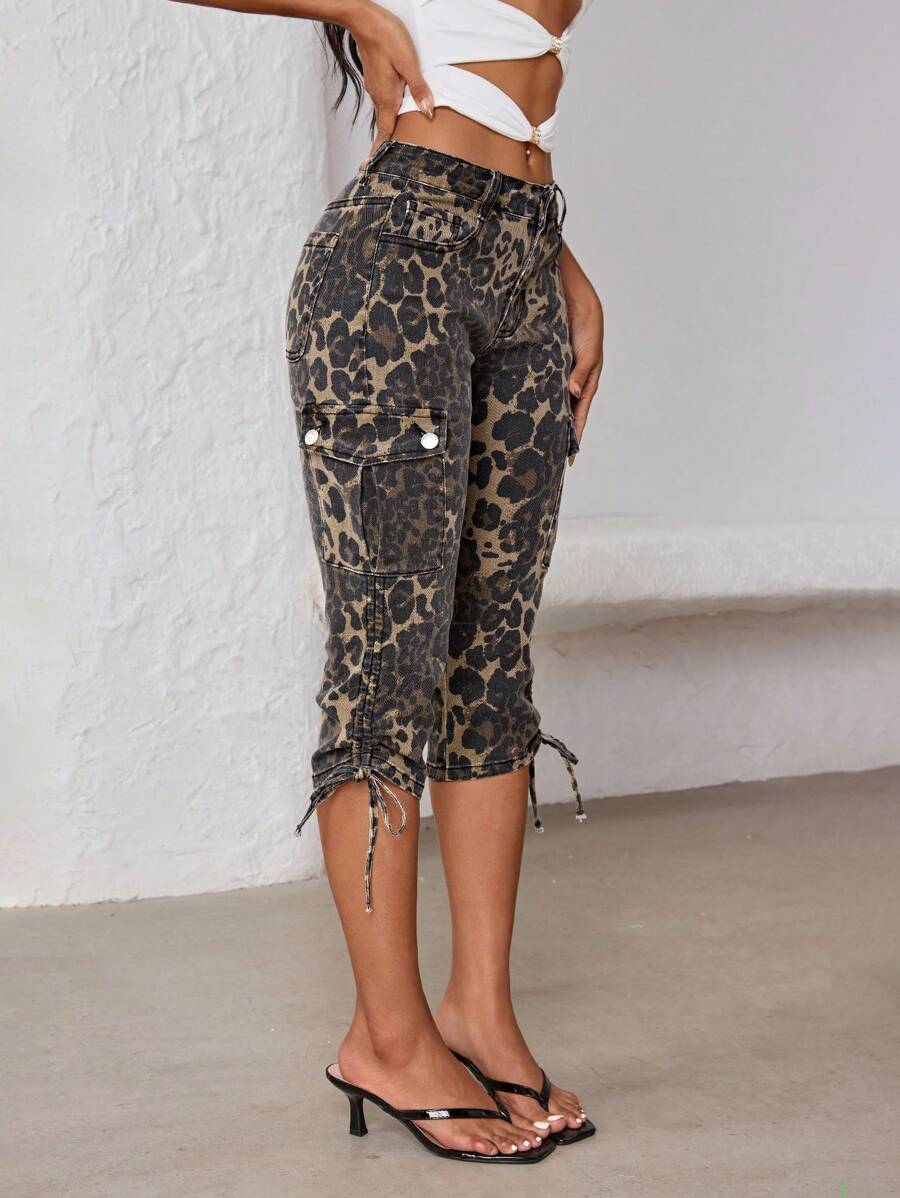 Jeanoix Women's Casual Leopard Print Drawstring Detail 3/4 Length Denim Pants, Summer