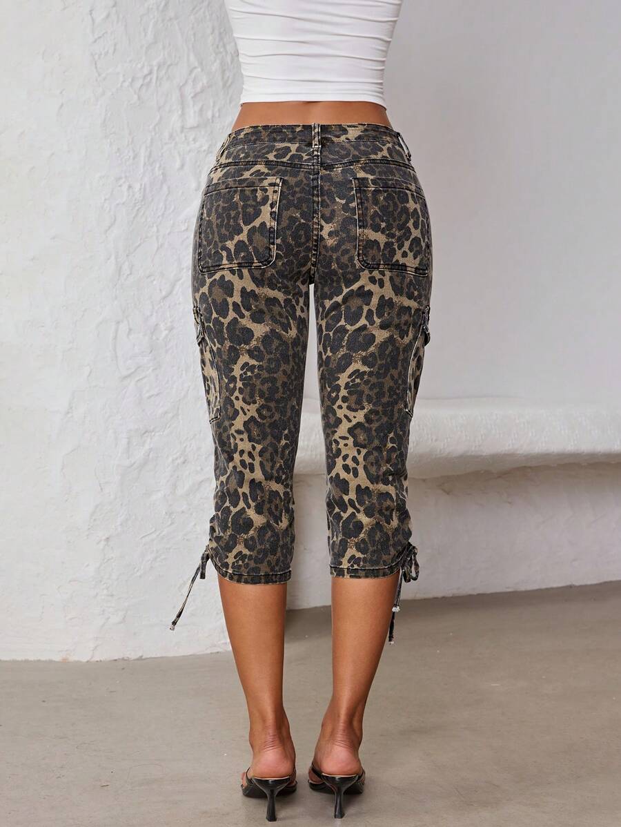 Jeanoix Women's Casual Leopard Print Drawstring Detail 3/4 Length Denim Pants, Summer