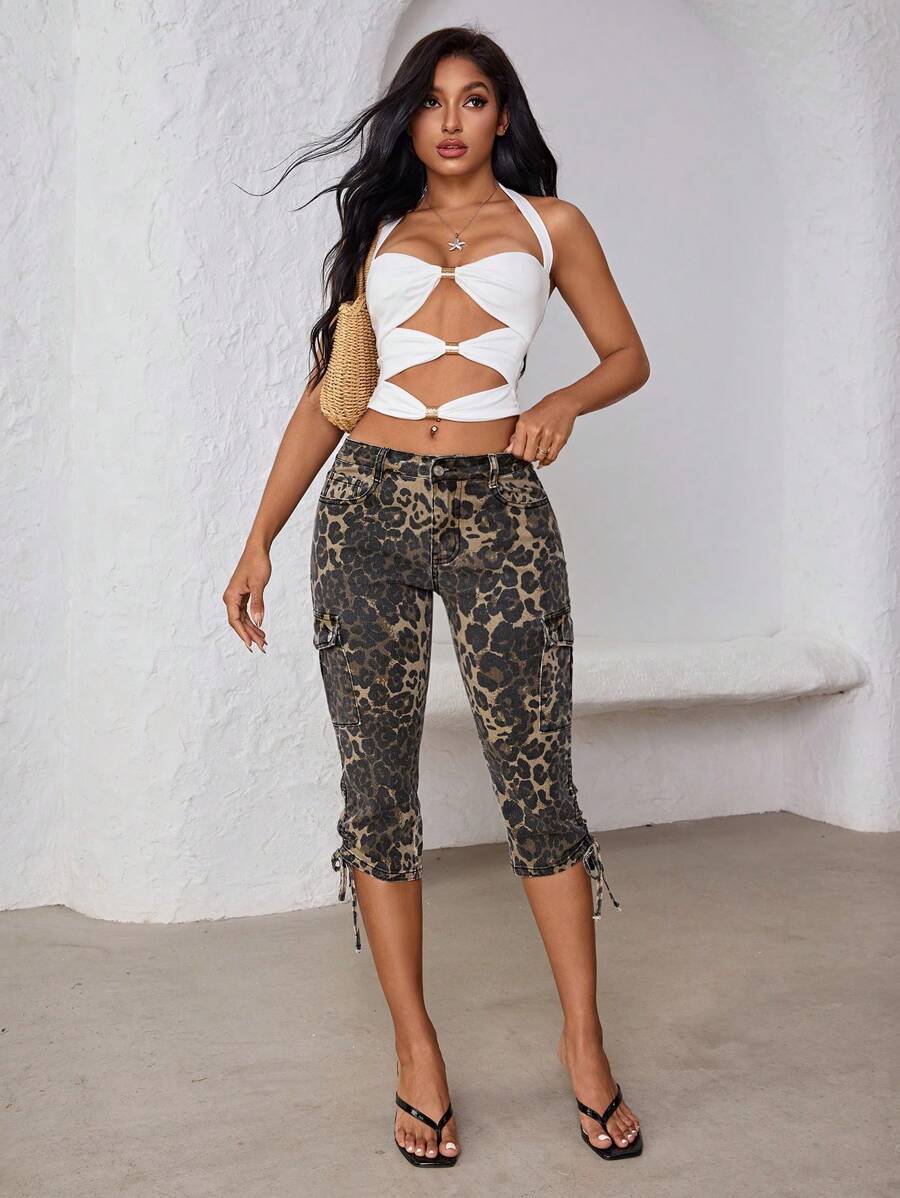 Jeanoix Women's Casual Leopard Print Drawstring Detail 3/4 Length Denim Pants, Summer