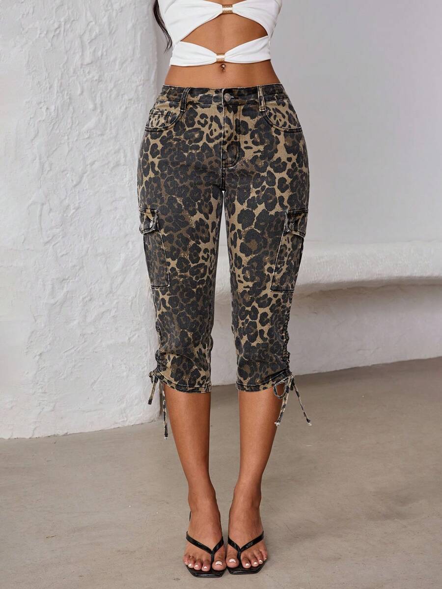 Jeanoix Women's Casual Leopard Print Drawstring Detail 3/4 Length Denim Pants, Summer
