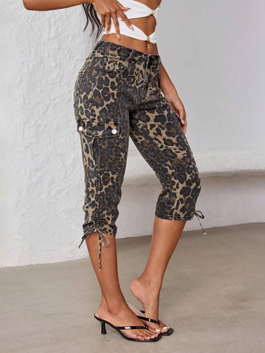 Jeanoix Women's Casual Leopard Print Drawstring Detail 3/4 Length Denim Pants, Summer